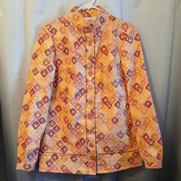 Nwt Mock neck Button up Dress Shirt womens M Mustard Peach Magenta geometric LS - Picture 1 of 10